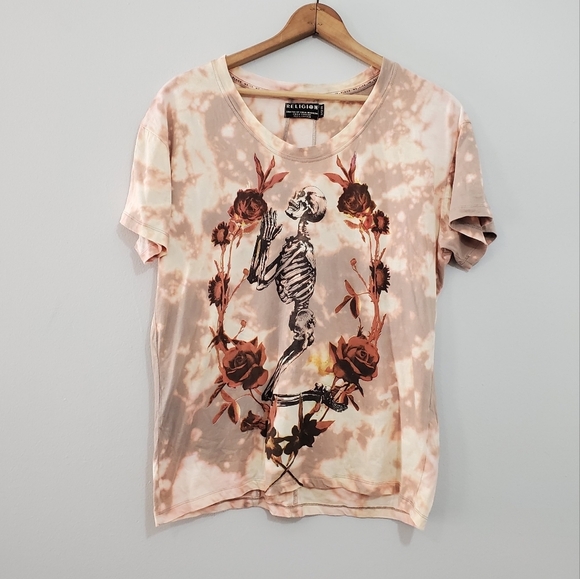Custom Upcycled Tie Dyed Religion Skeletan Print Tee - Picture 1 of 5
